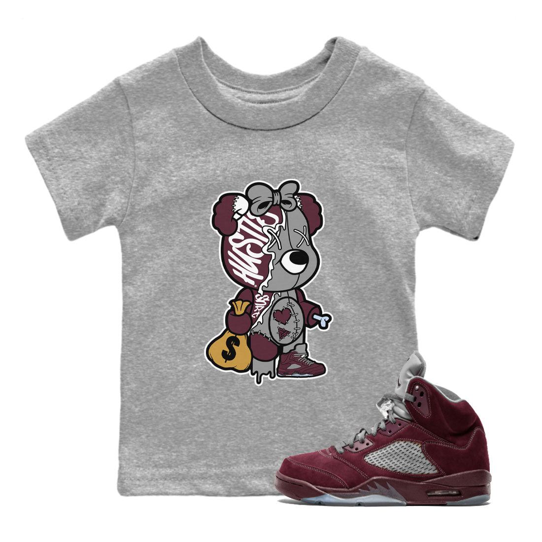 Stitched Hustle Bear snkmatch Tee Kids - Air Jordan 5 Burgundy