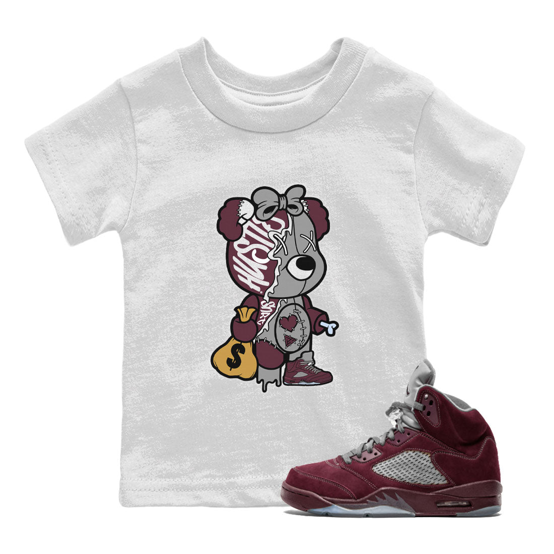 Stitched Hustle Bear snkmatch Tee Kids - Air Jordan 5 Burgundy