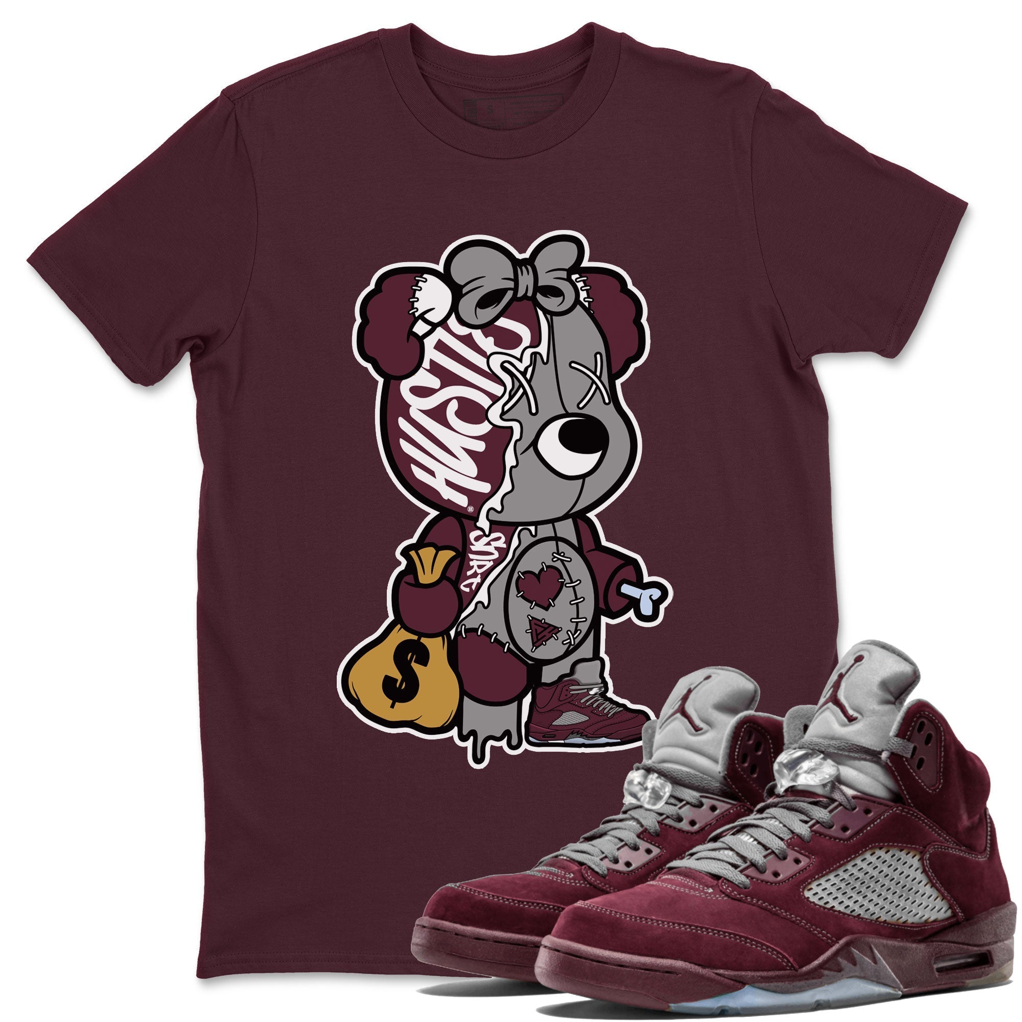 Stitched Hustle Bear snkmatch Tee - Air Jordan 5 Burgundy