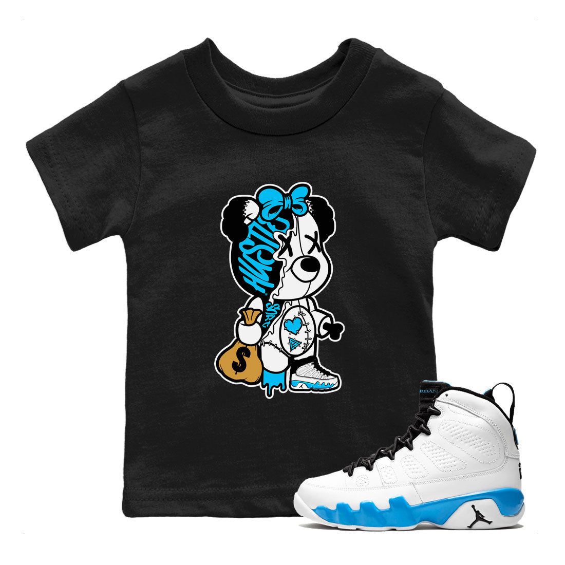 Stitched Hustle Bear snkmatch Tees Kids - Air Jordan 9 Powder Blue