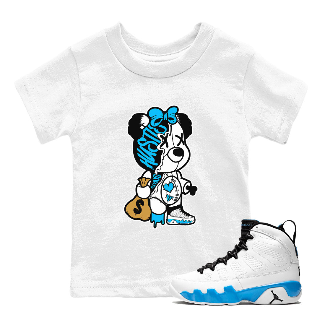 Stitched Hustle Bear snkmatch Tees Kids - Air Jordan 9 Powder Blue
