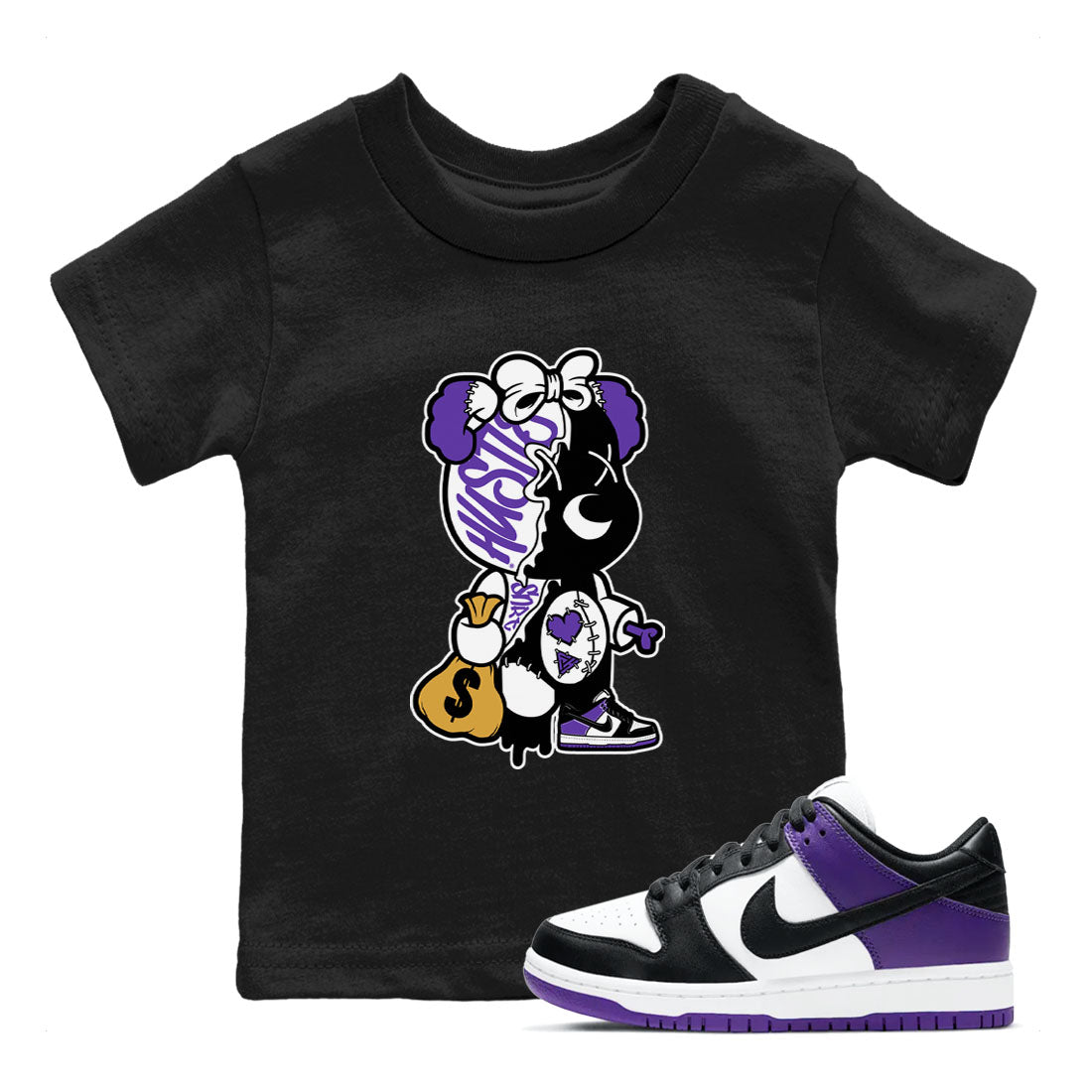 Stitched Hustle Bear snkmatch Tees Kids - Dunk Low Court Purple