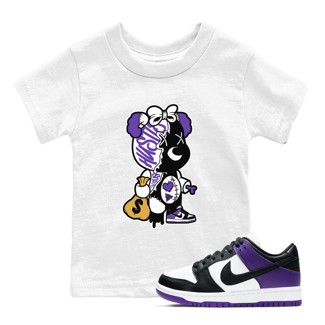 Stitched Hustle Bear snkmatch Tees Kids - Dunk Low Court Purple
