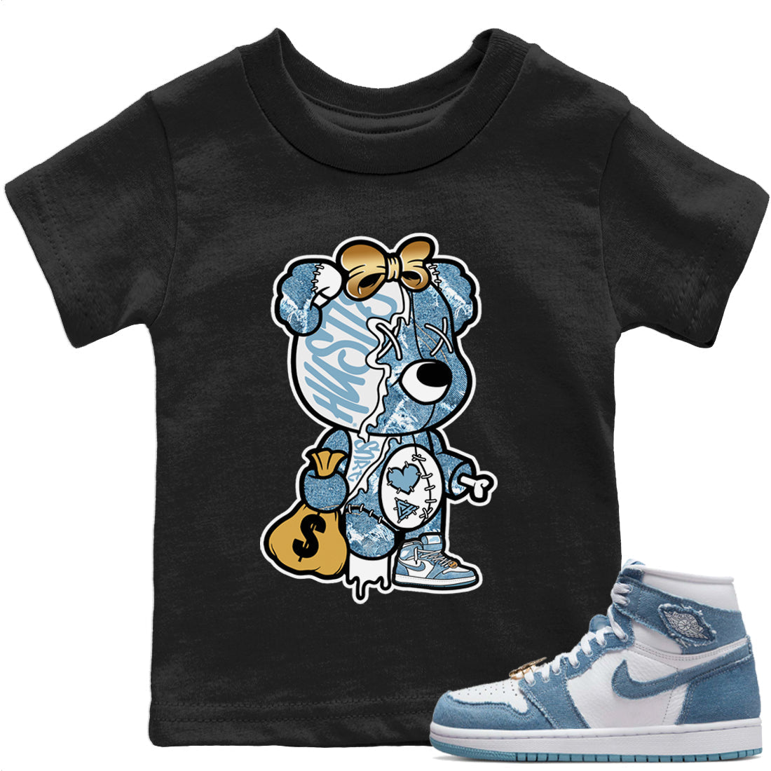 Stitched Hustle Bear Kids Tops - Air Jordan 1 Denim