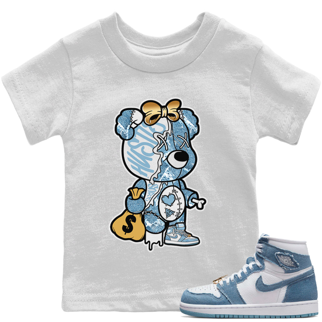 Stitched Hustle Bear Kids Tops - Air Jordan 1 Denim