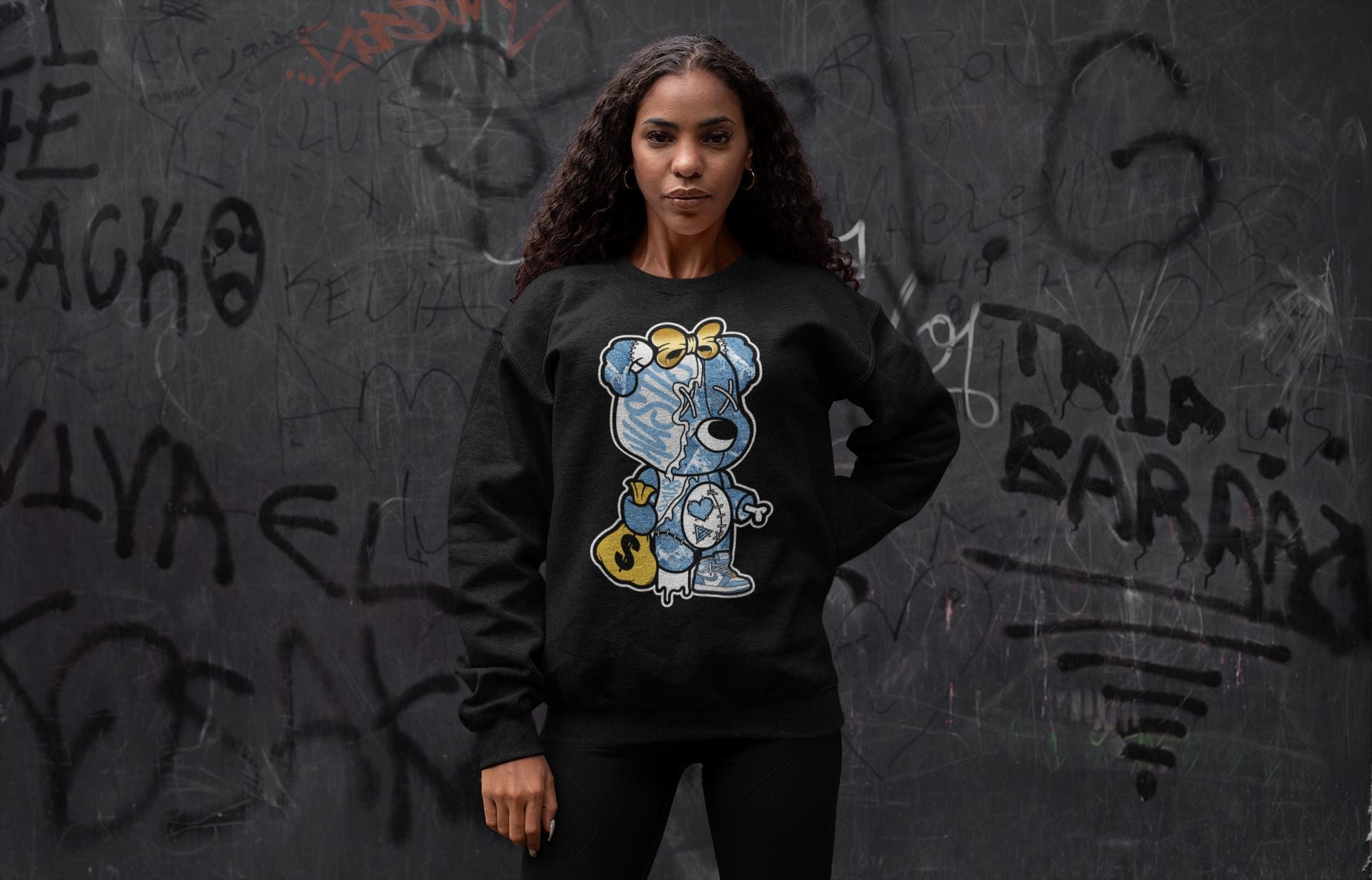 Stitched Hustle Bear Unisex Tops - Air Jordan 1 Denim