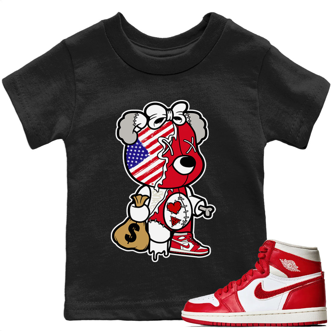 Stitched Hustle Bear Kids Tops - Air Jordan 1 Newstalgia
