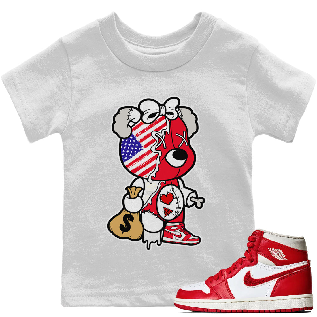 Stitched Hustle Bear Kids Tops - Air Jordan 1 Newstalgia