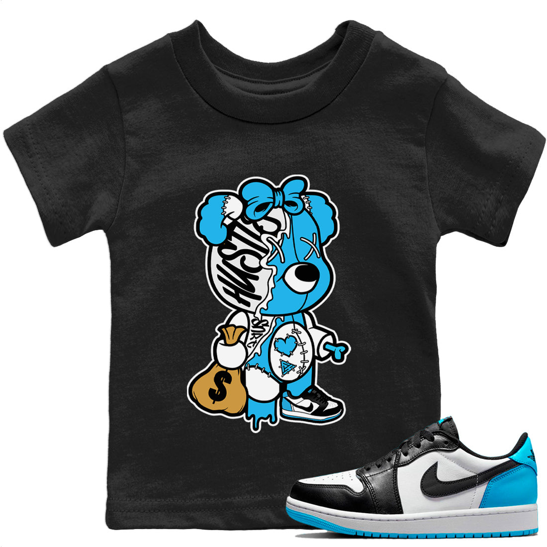 Stitched Hustle Bear Kids Tops - Air Jordan 1 Powder Blue