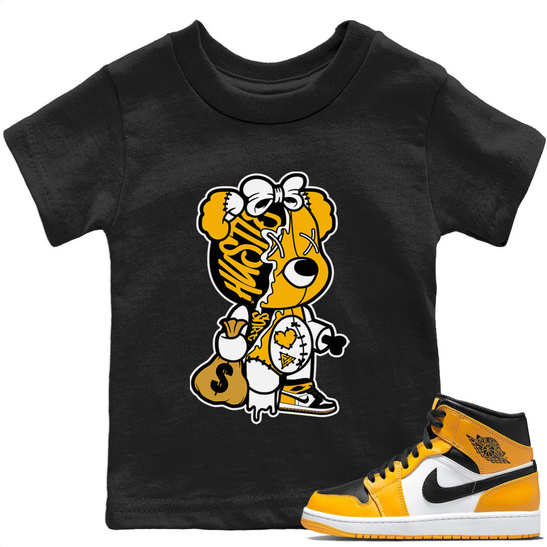 Stitched Hustle Bear Kids Tops - Air Jordan 1 Yellow Toe