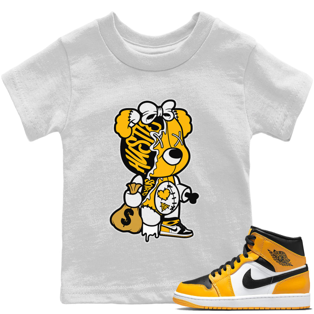 Stitched Hustle Bear Kids Tops - Air Jordan 1 Yellow Toe