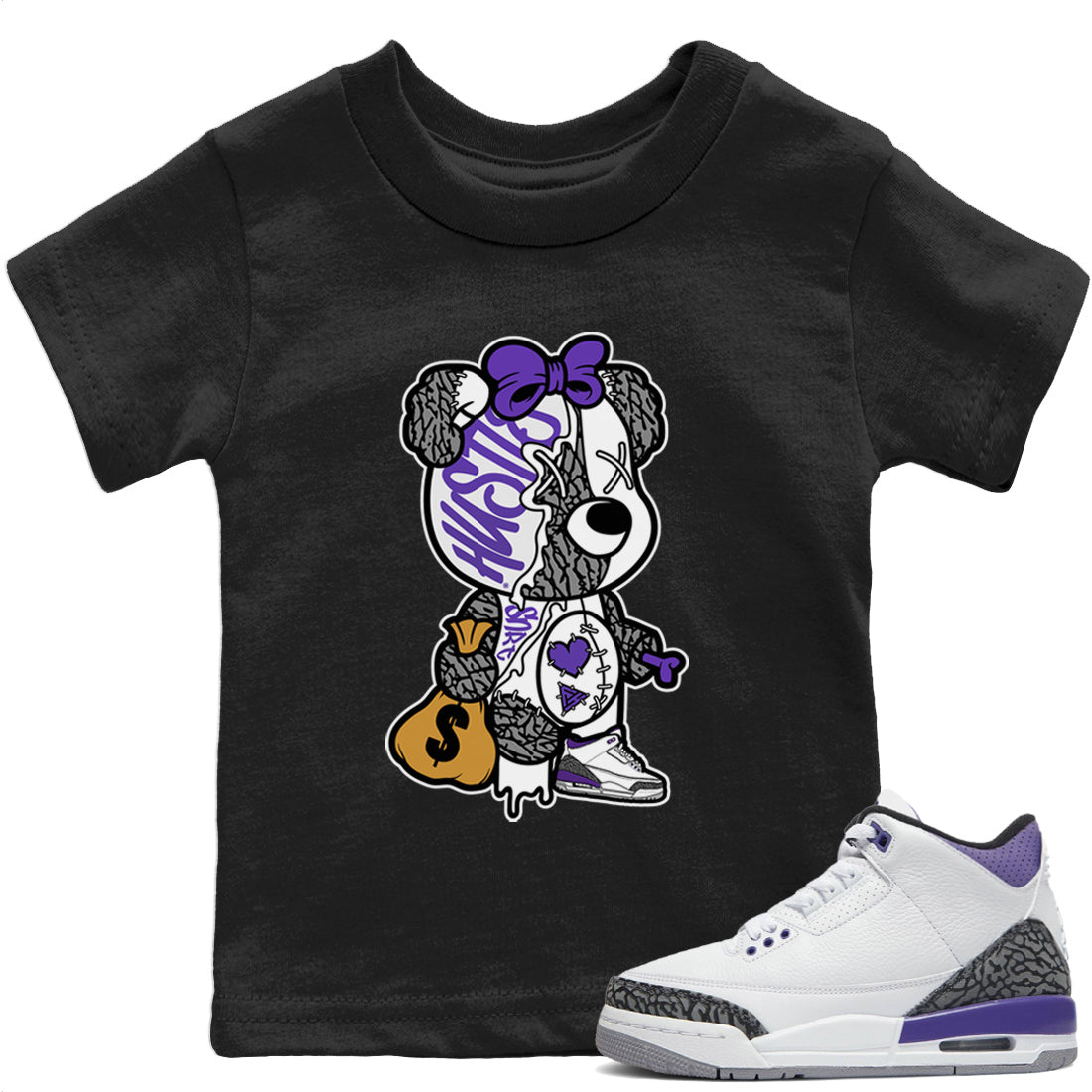 Stitched Hustle Bear Kids Tops - Air Jordan 3 Dark Iris
