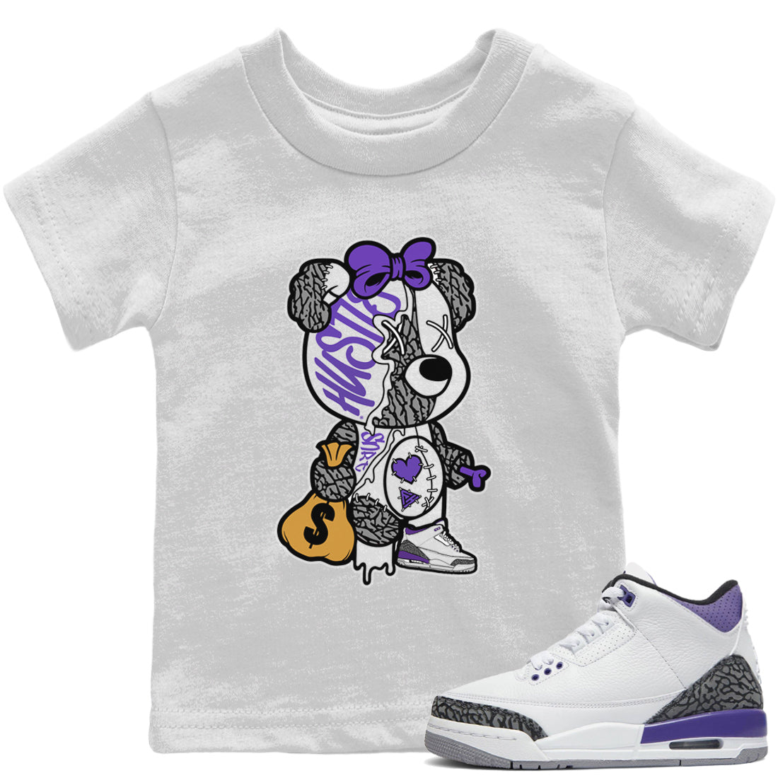 Stitched Hustle Bear Kids Tops - Air Jordan 3 Dark Iris