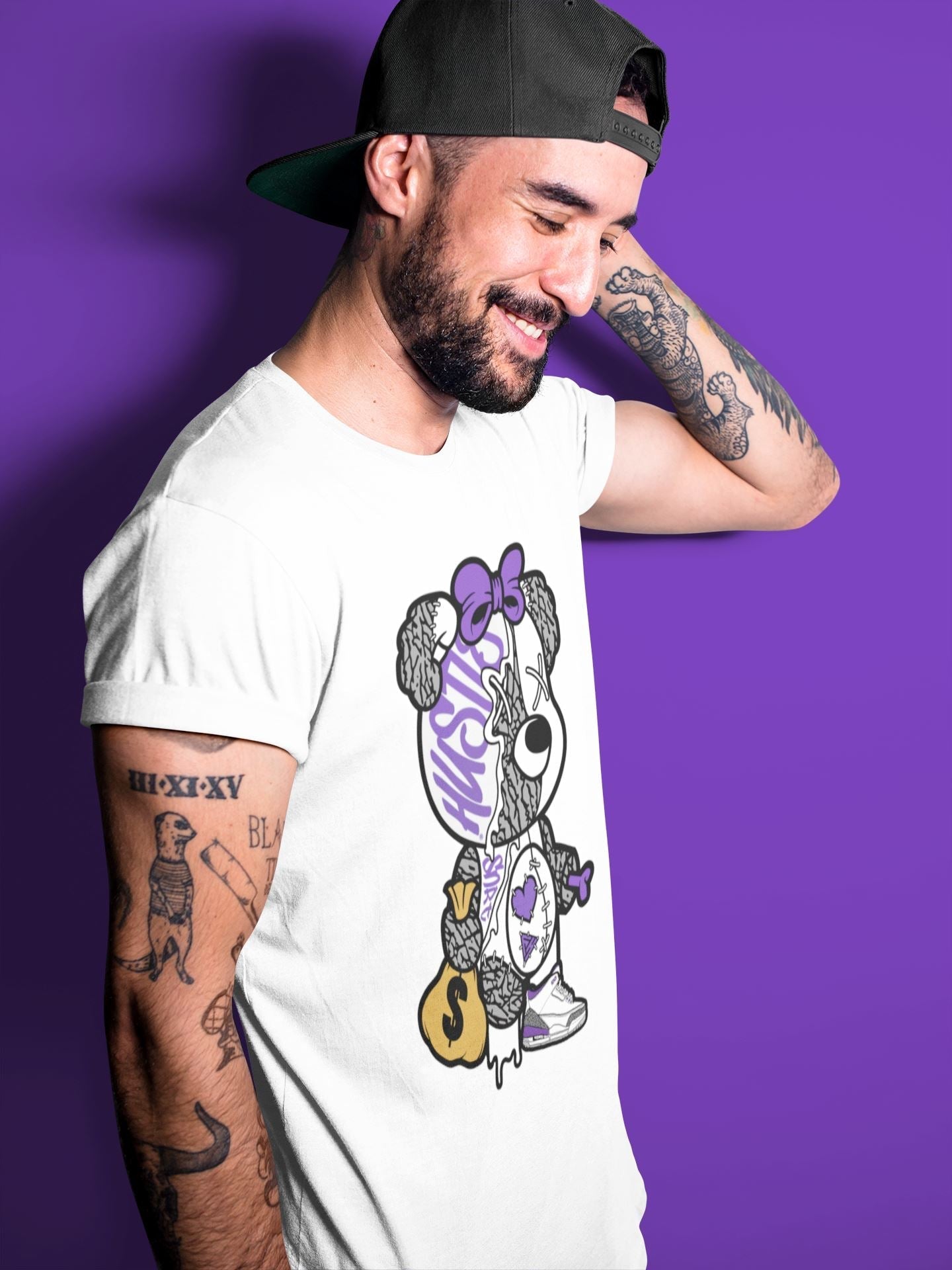 Stitched Hustle Bear Unisex Tops - Air Jordan 3 Dark Iris