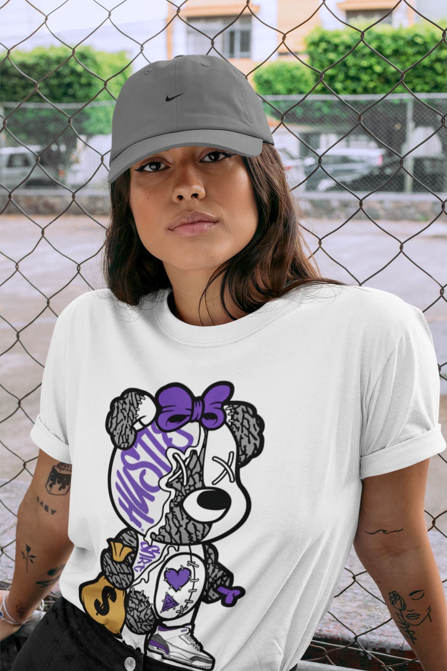 Stitched Hustle Bear Unisex Tops - Air Jordan 3 Dark Iris
