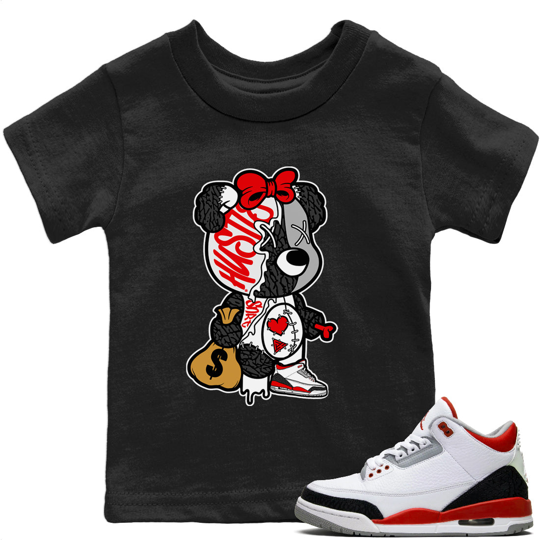 Stitched Hustle Bear Kids Tops - Air Jordan 3 Fire Red