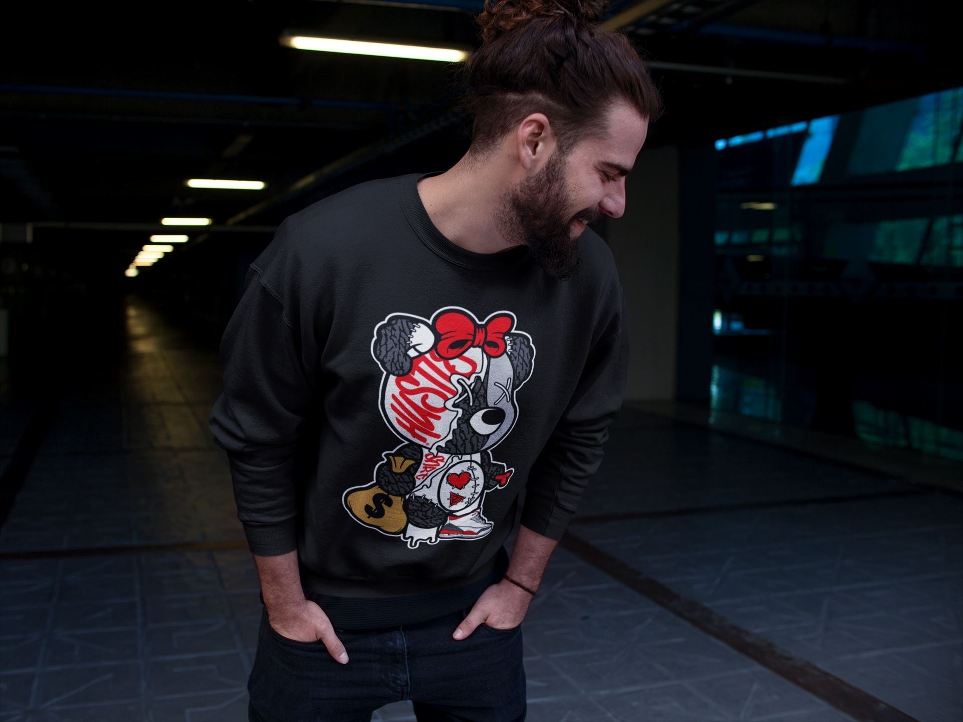 Stitched Hustle Bear Unisex Tops - Air Jordan 3 Fire Red
