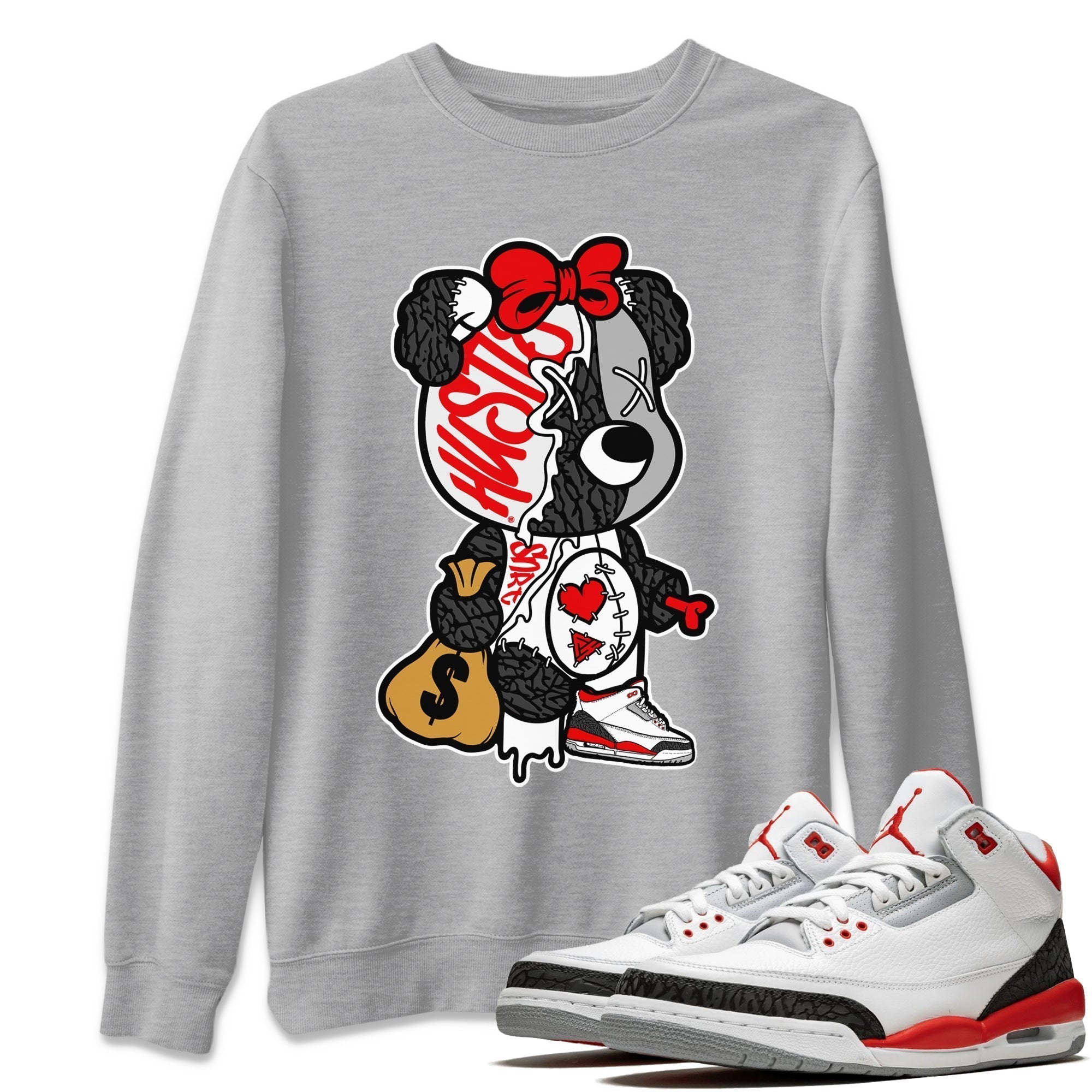Stitched Hustle Bear Unisex Tops - Air Jordan 3 Fire Red