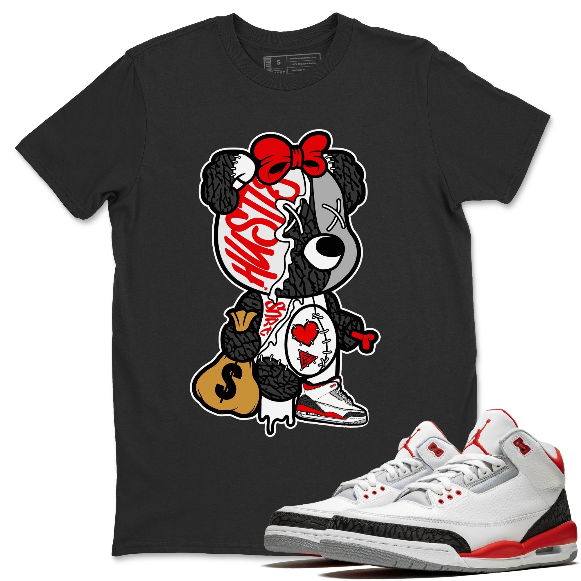 Stitched Hustle Bear Unisex Tops - Air Jordan 3 Fire Red