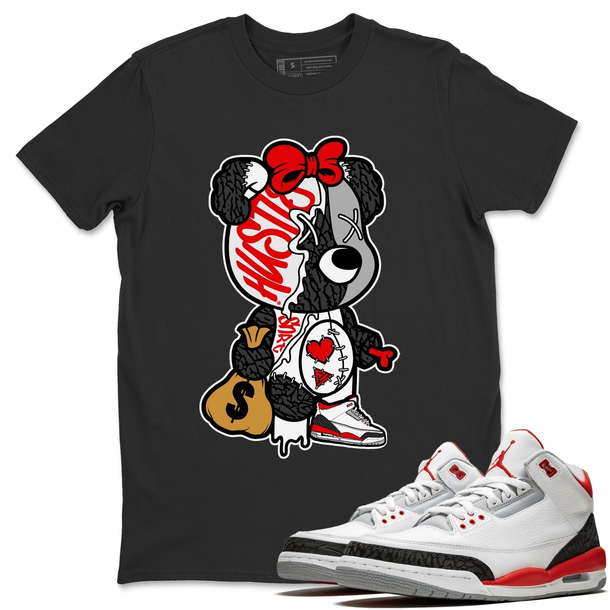 Stitched Hustle Bear Unisex Tops - Air Jordan 3 Fire Red