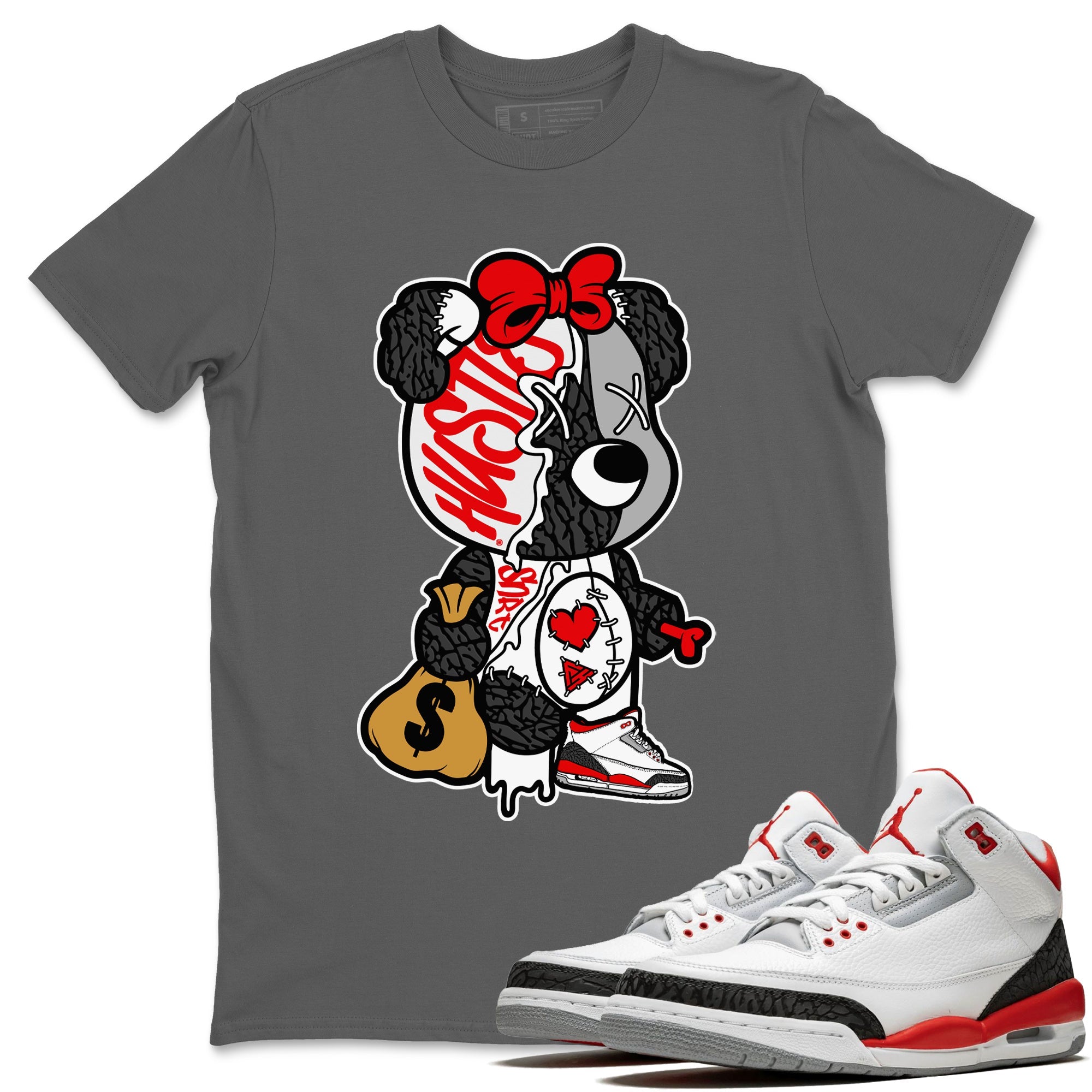Stitched Hustle Bear Unisex Tops - Air Jordan 3 Fire Red