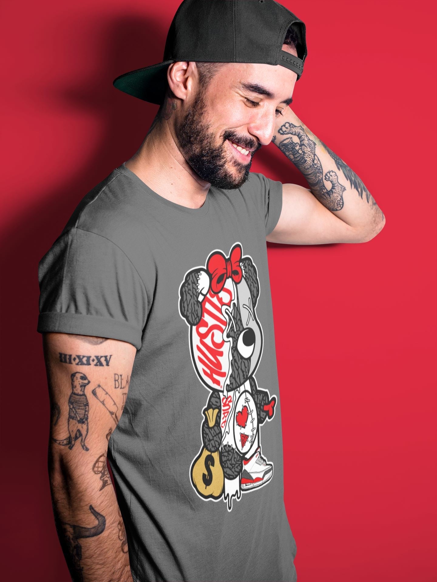 Stitched Hustle Bear Unisex Tops - Air Jordan 3 Fire Red