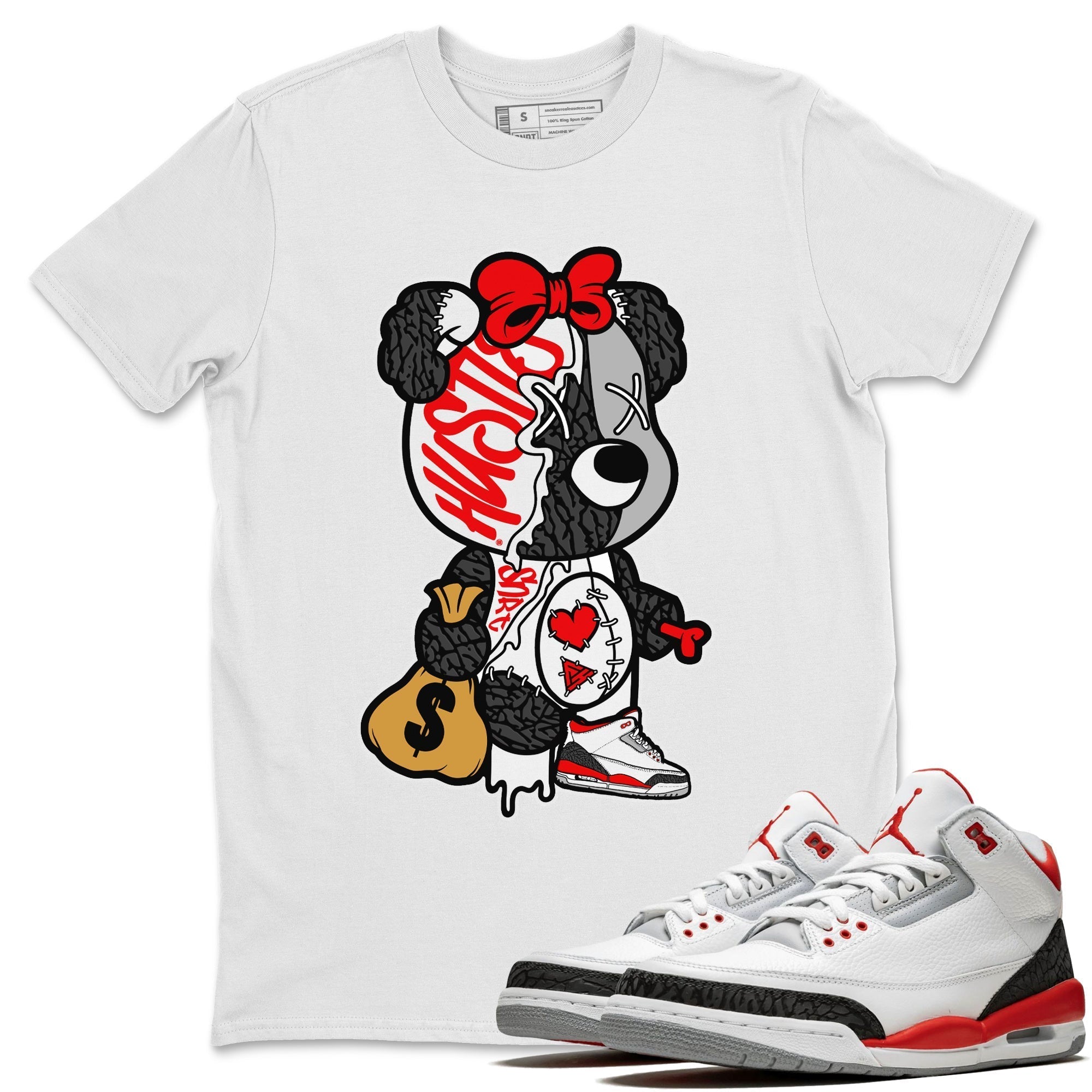 Stitched Hustle Bear Unisex Tops - Air Jordan 3 Fire Red