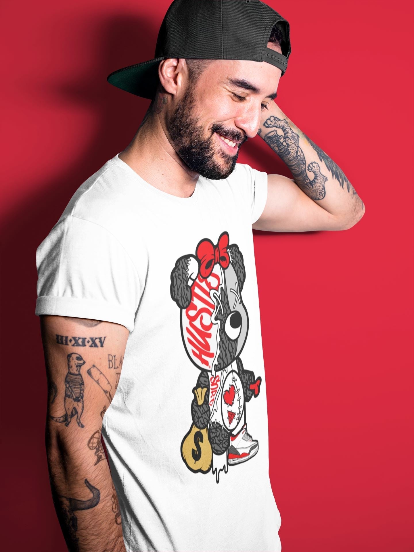 Stitched Hustle Bear Unisex Tops - Air Jordan 3 Fire Red