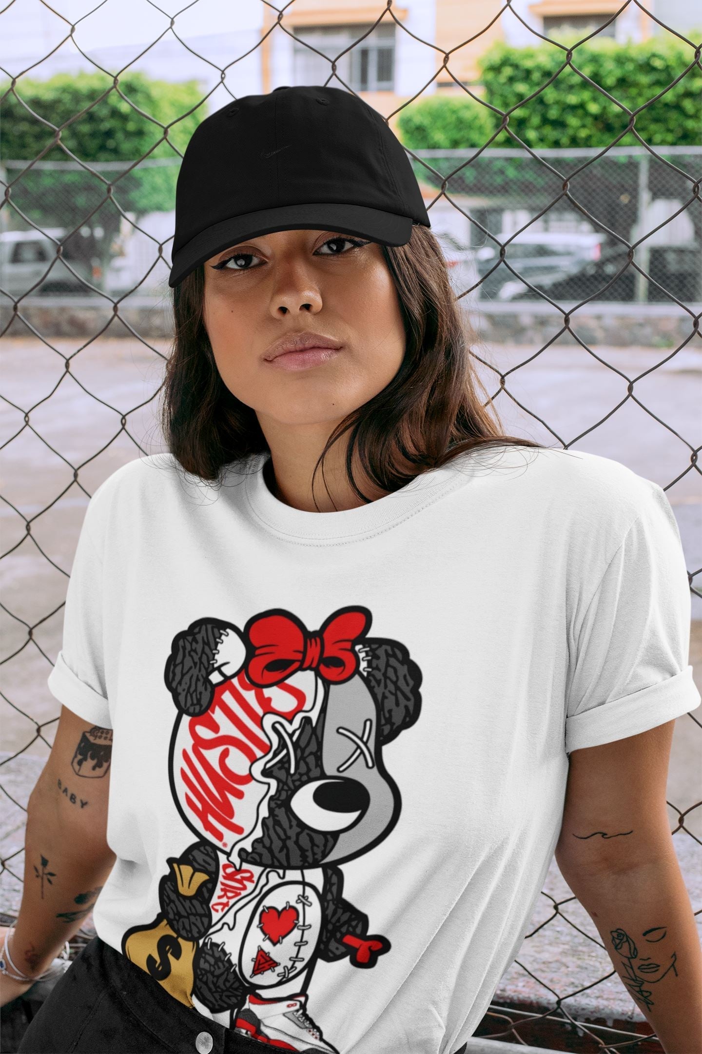 Stitched Hustle Bear Unisex Tops - Air Jordan 3 Fire Red
