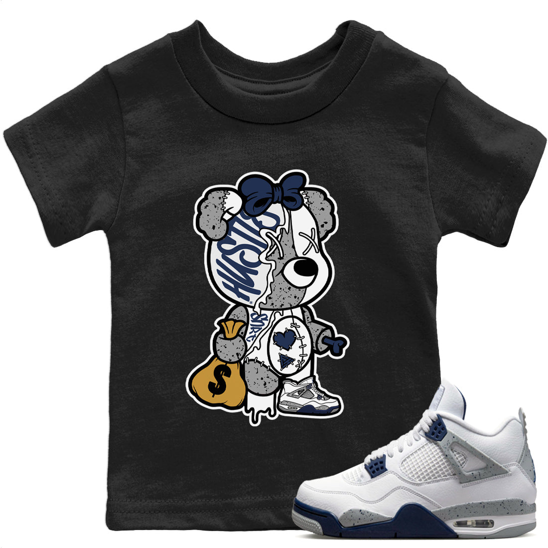Stitched Hustle Bear Kids Tops - Air Jordan 4 Midnight Navy