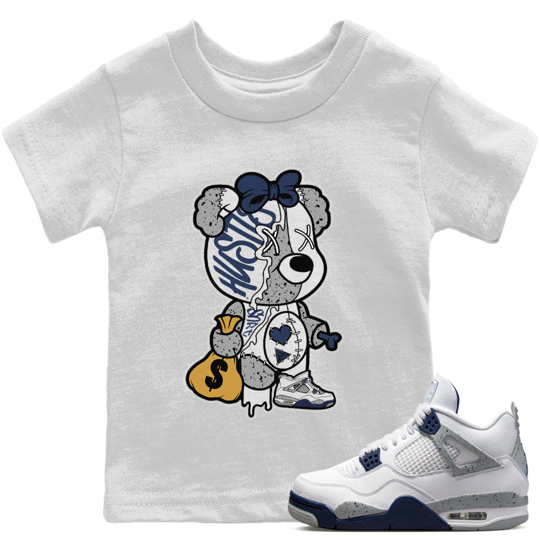 Stitched Hustle Bear Kids Tops - Air Jordan 4 Midnight Navy