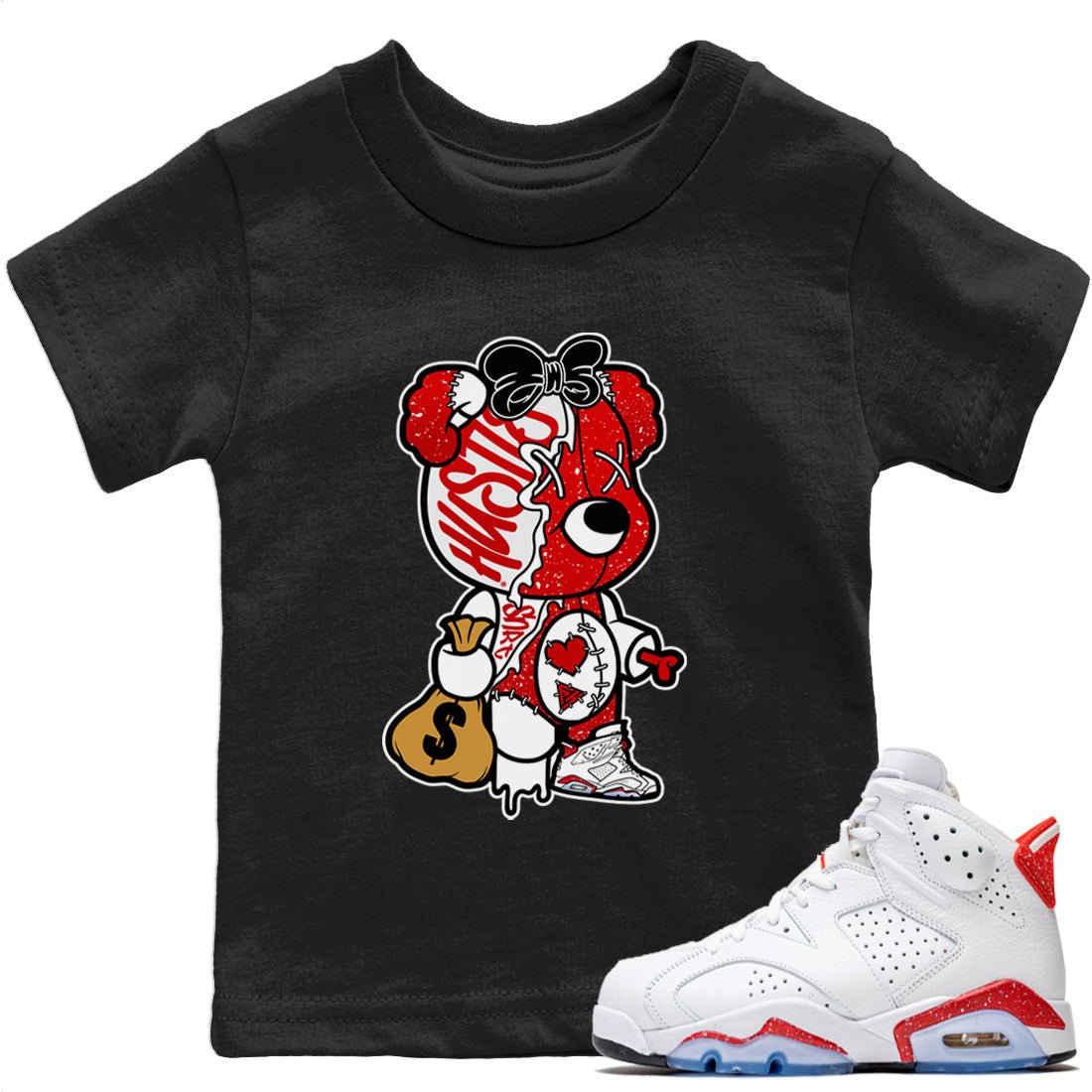 Stitched Hustle Bear Kids Tops - Air Jordan 6 Red Velvet Cookies