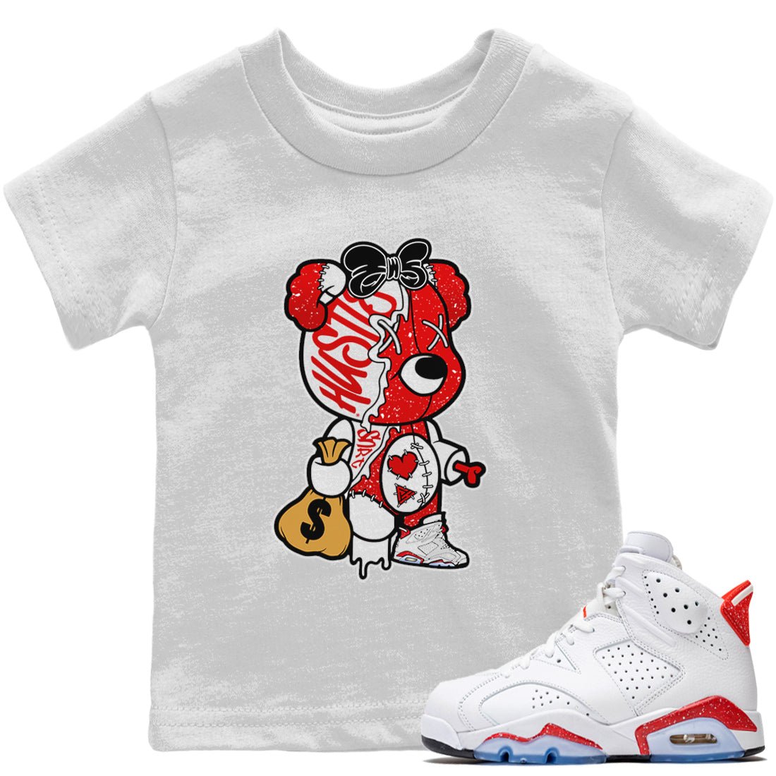 Stitched Hustle Bear Kids Tops - Air Jordan 6 Red Velvet Cookies