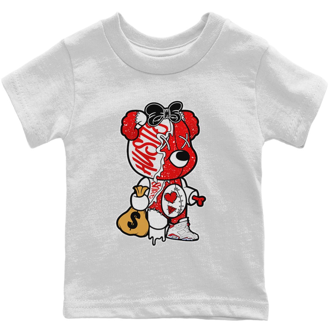 Stitched Hustle Bear Kids Tops - Air Jordan 6 Red Velvet Cookies