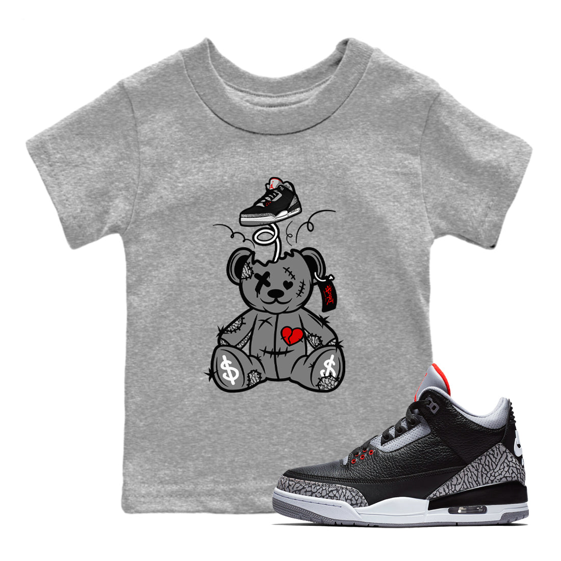 Surprise Teddy Bear snkmatch Tees Kids - Air Jordan 3 Black Cement