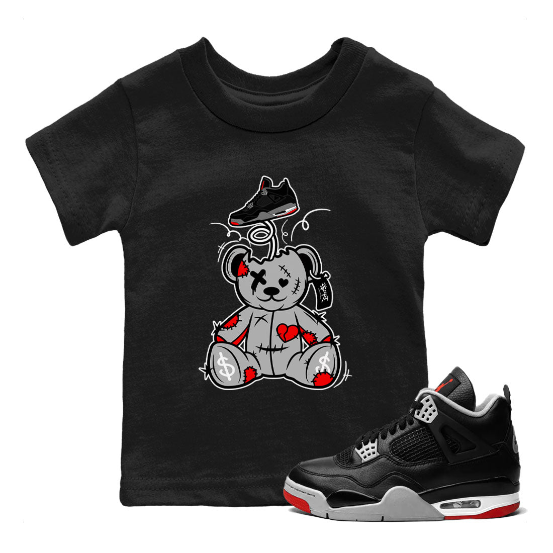 Surprise Teddy Bear snkmatch Tees Kids - Air Jordan 4 Bred Reimagined