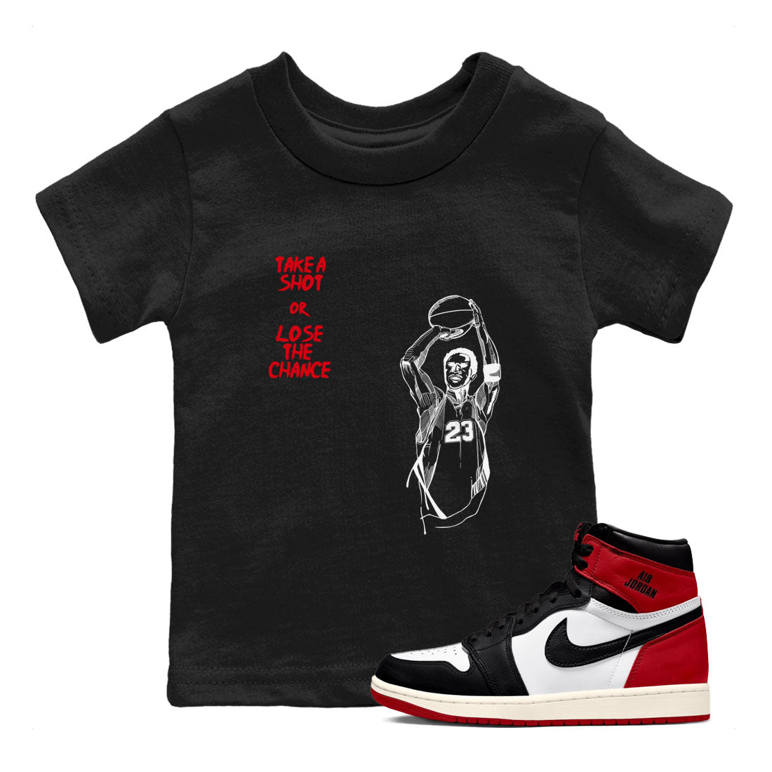 Take A Shot snkmatch Tees Kids - Air Jordan 1 Black Toe Reimagined