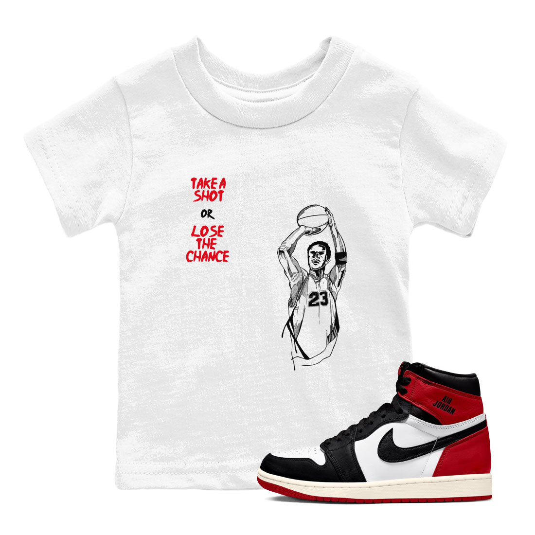 Take A Shot snkmatch Tees Kids - Air Jordan 1 Black Toe Reimagined