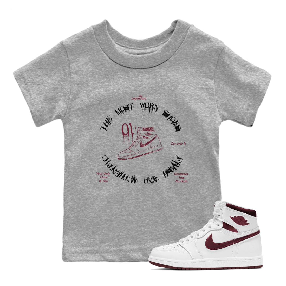 The Most Worn Shoes snkmatch Tees Kids - Air Jordan 1 Metallic Burgundy