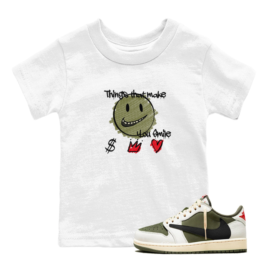 Things That Make You Smile snkmatch Tees Kids - Air Jordan 1 Travis Scott Medium Olive