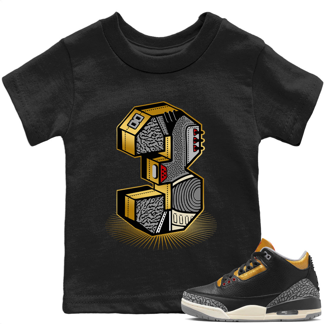 Three Statue Kids Tops - Air Jordan 3 Black Gold