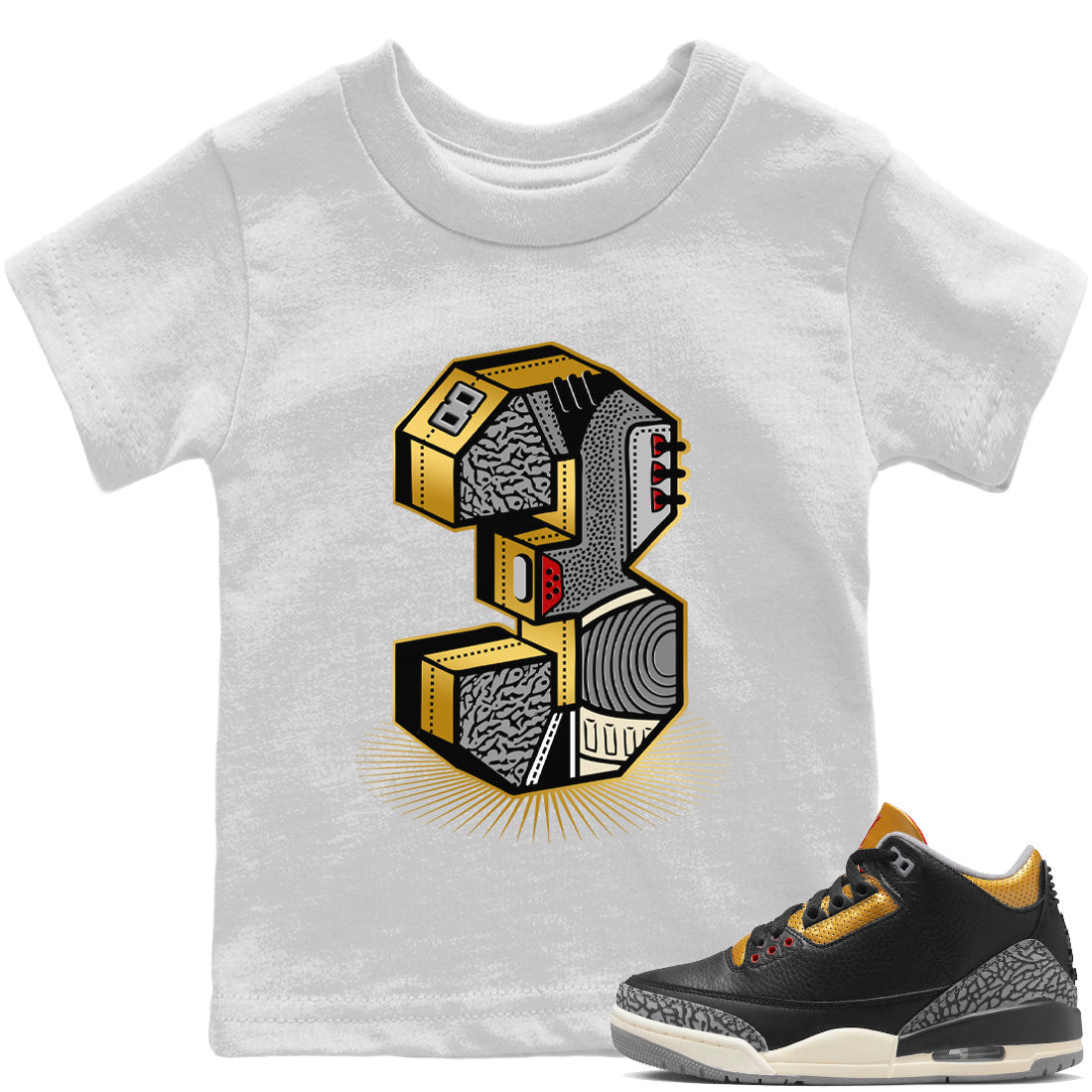 Three Statue Kids Tops - Air Jordan 3 Black Gold