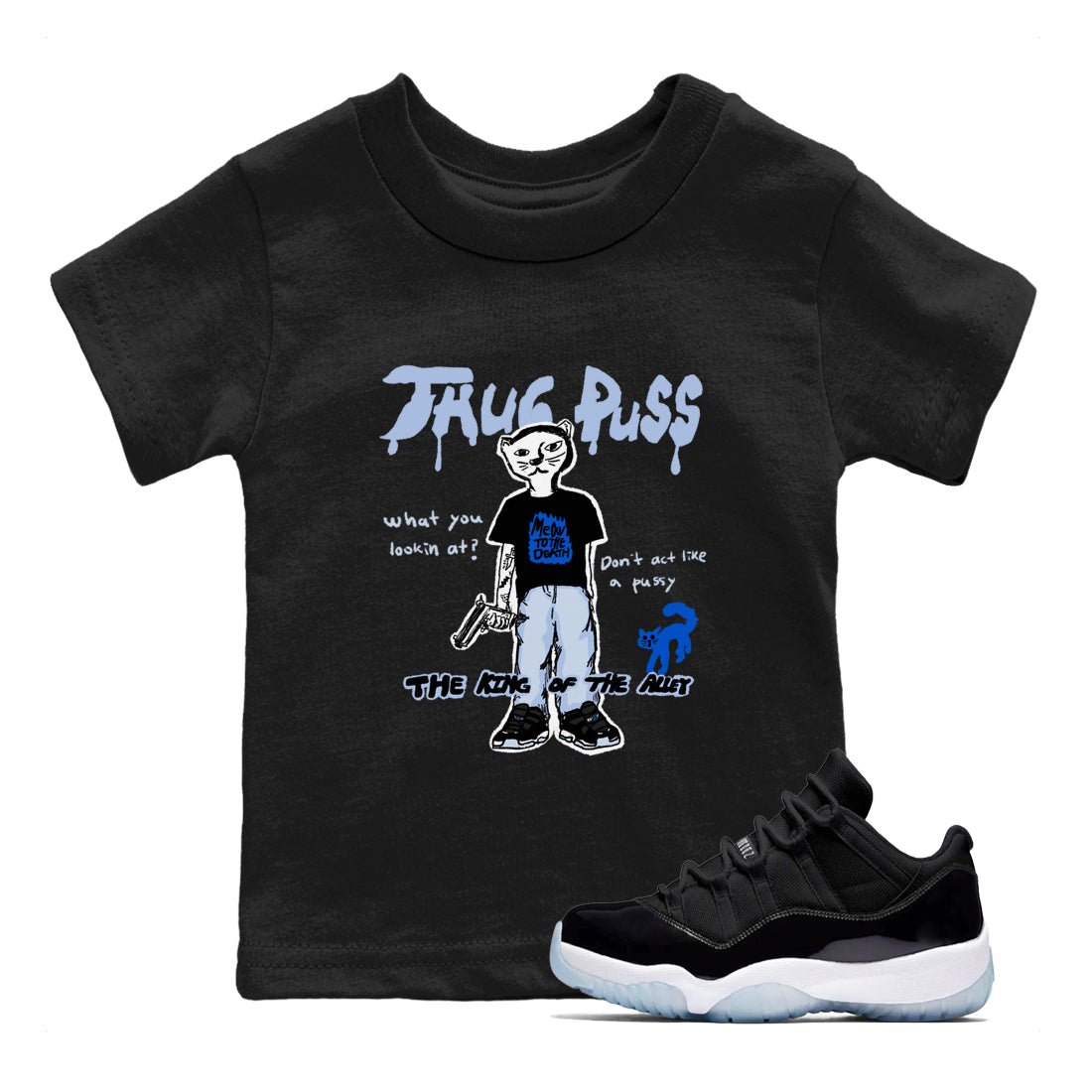 Thug Puss snkmatch Tees Kids - Air Jordan 11 Black and Varsity Royal