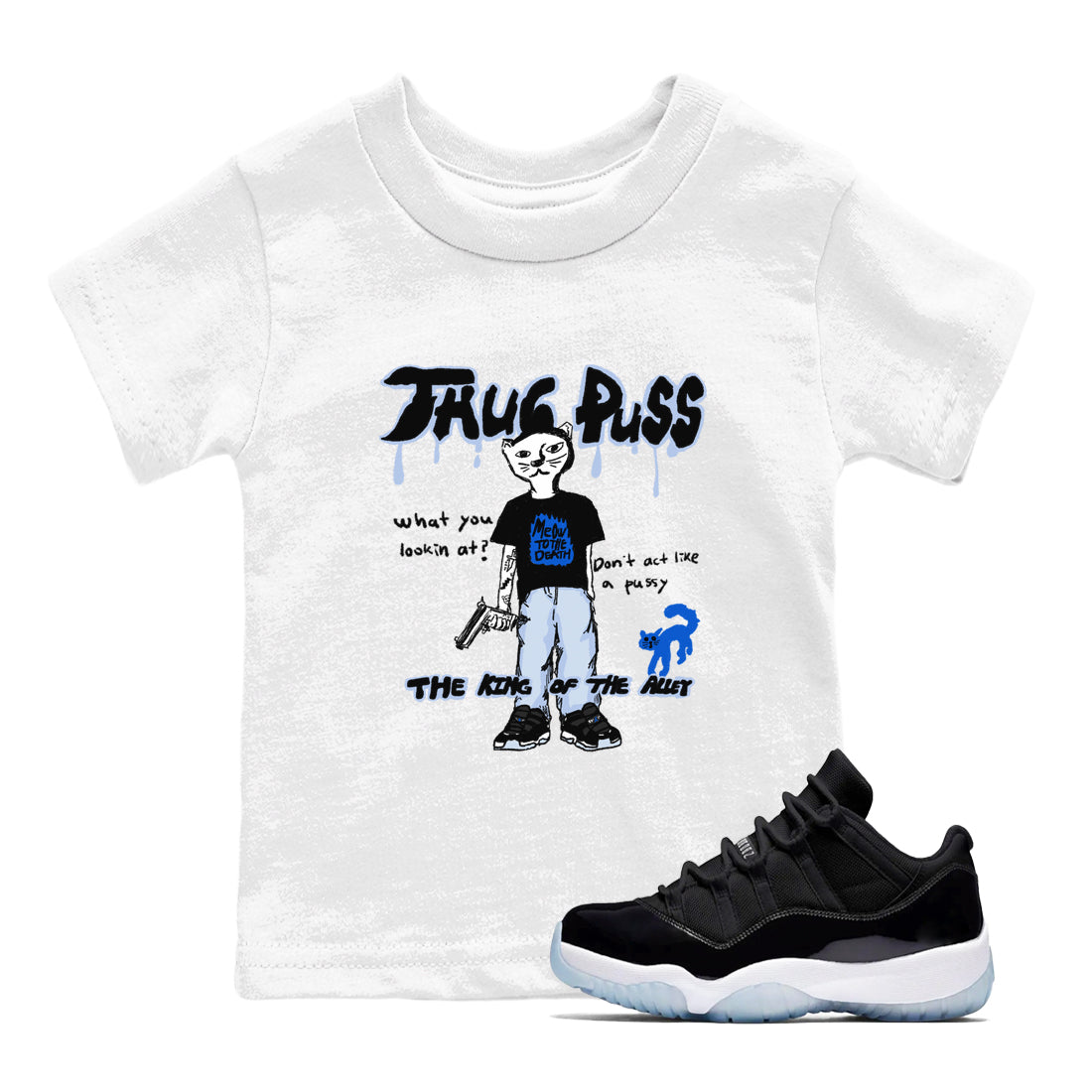 Thug Puss snkmatch Tees Kids - Air Jordan 11 Black and Varsity Royal