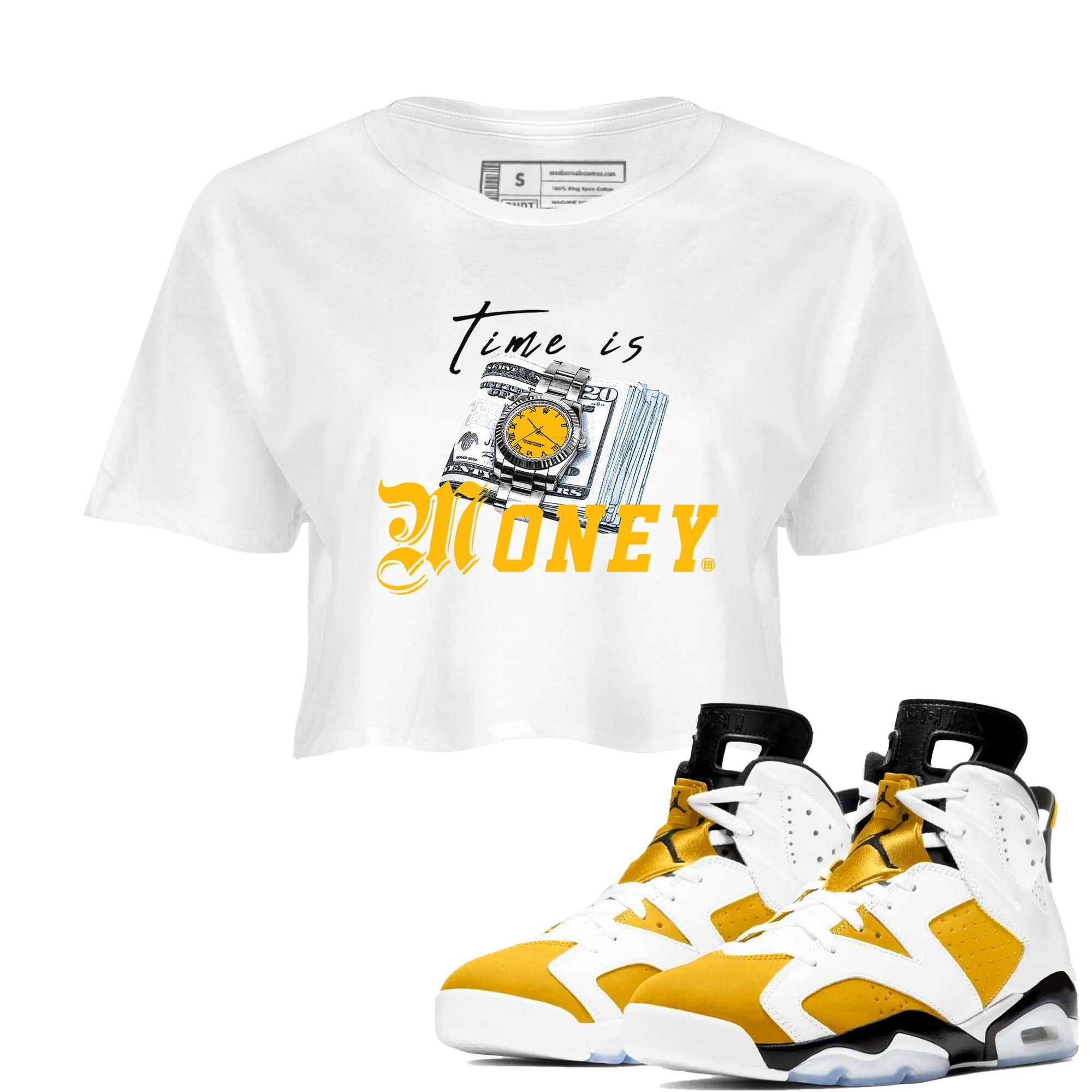 Time Is Money snkmatch Tees Crop Top - Air Jordan 6 Yellow Ochre