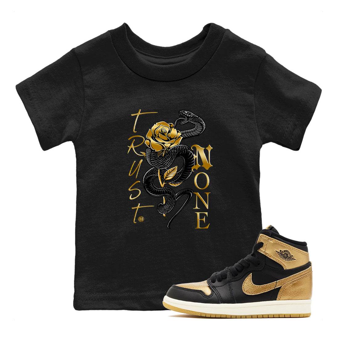 Trust None snkmatch Tees Kids - Air Jordan 1 Black Metallic Gold