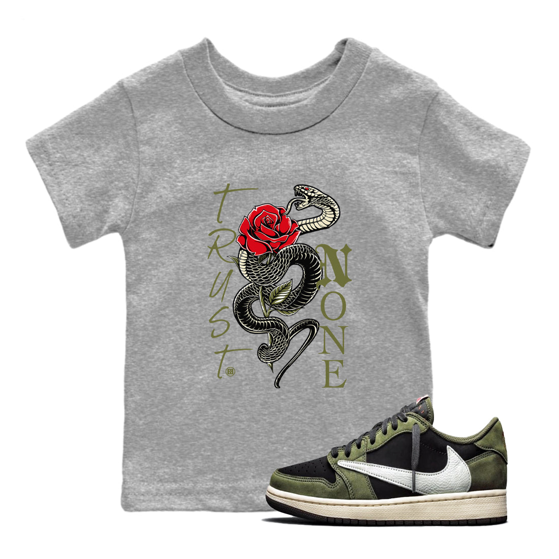 Trust None snkmatch Tees Kids - Air Jordan 1 Travis Scott Medium Olive