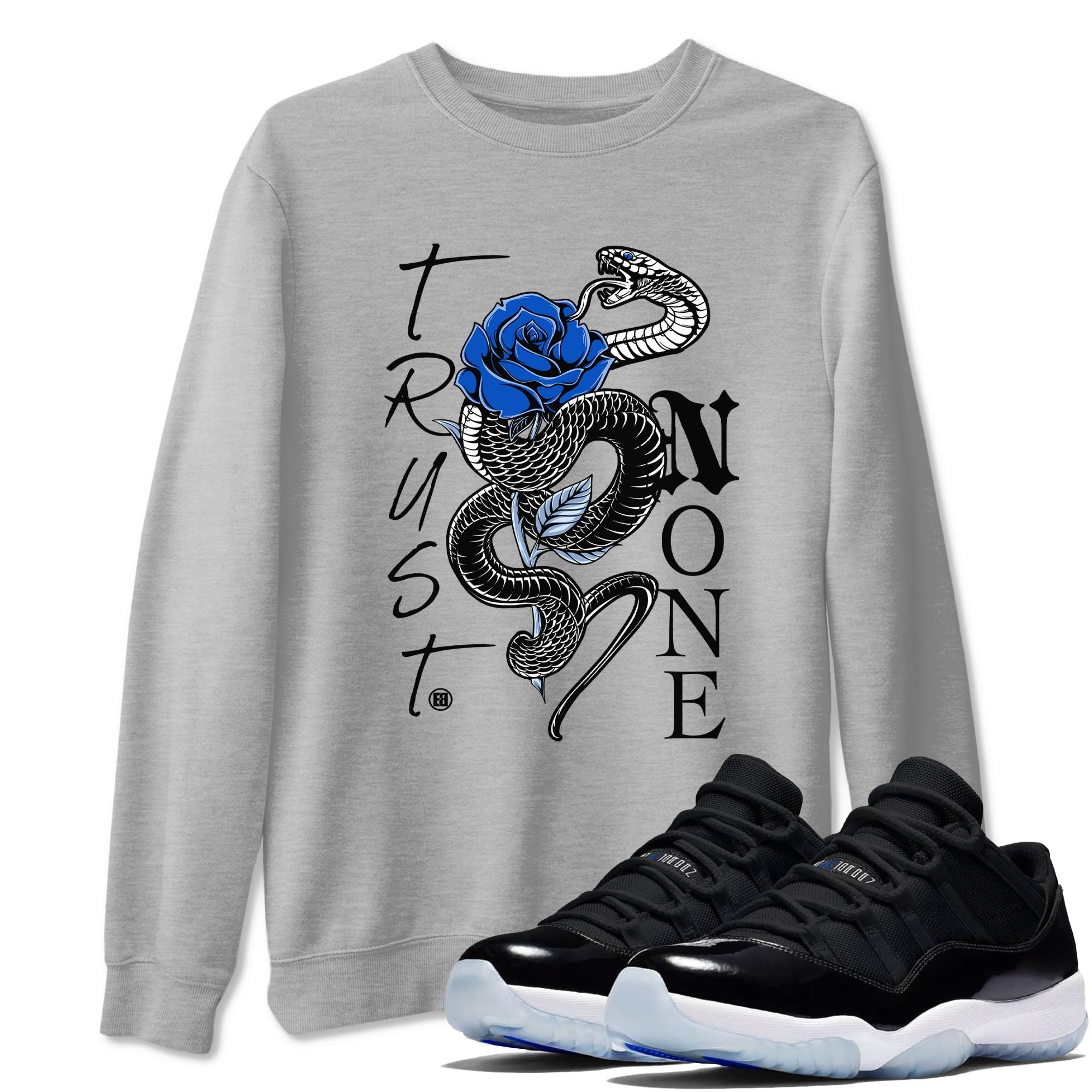 Trust None snkmatch Tees - Air Jordan 11 Black and Varsity Royal