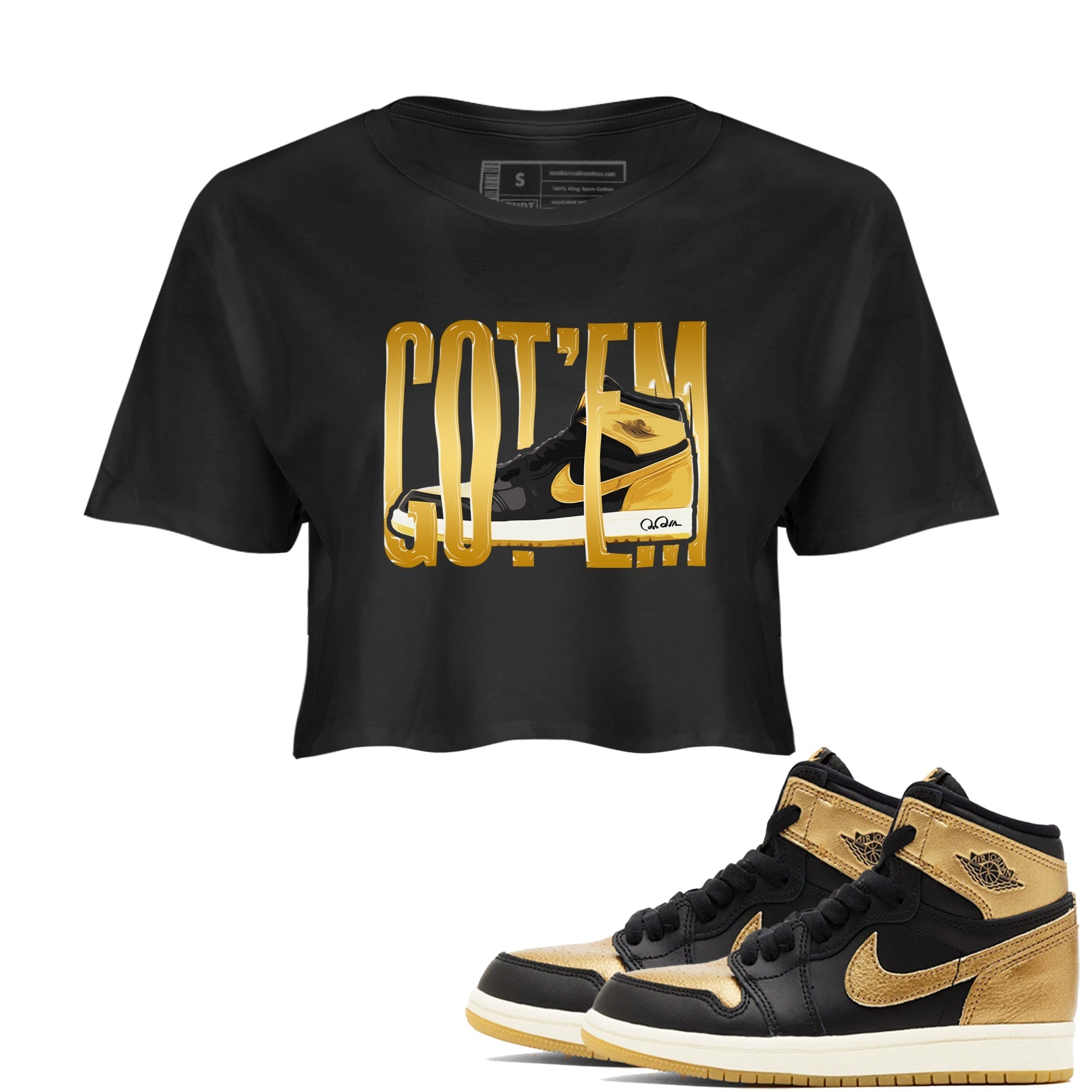 Wigggling Gotem snkmatch Women's Top - Air Jordan 1 Black Metallic Gold