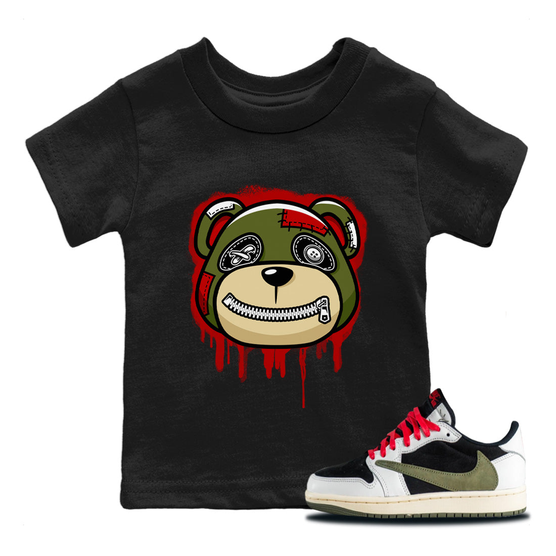 Bear Face Kids Tops - Air Jordan 1 Travis Scott Olive